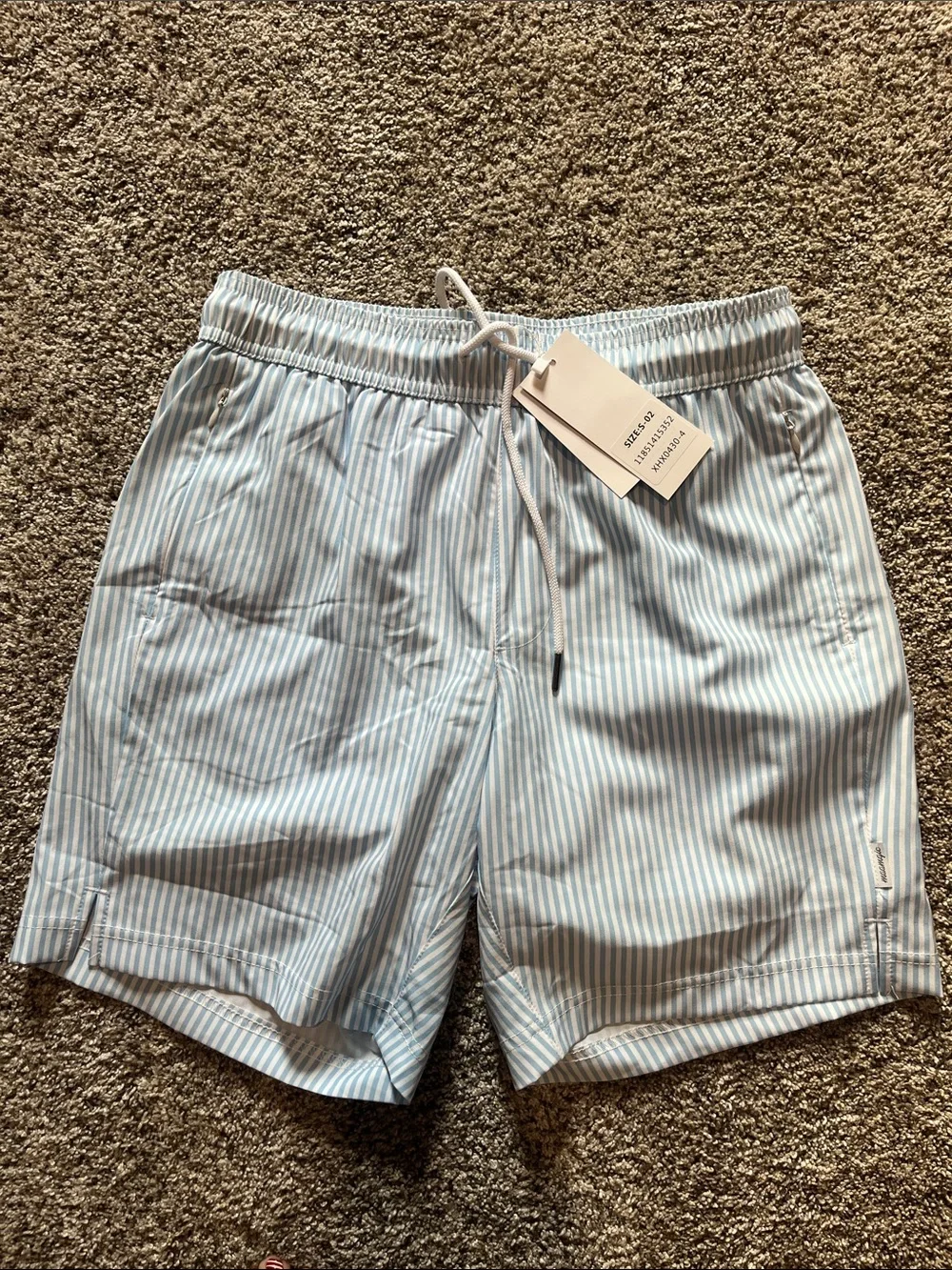 Men's Light Blue & White Striped Swim Trunks with Drawstring